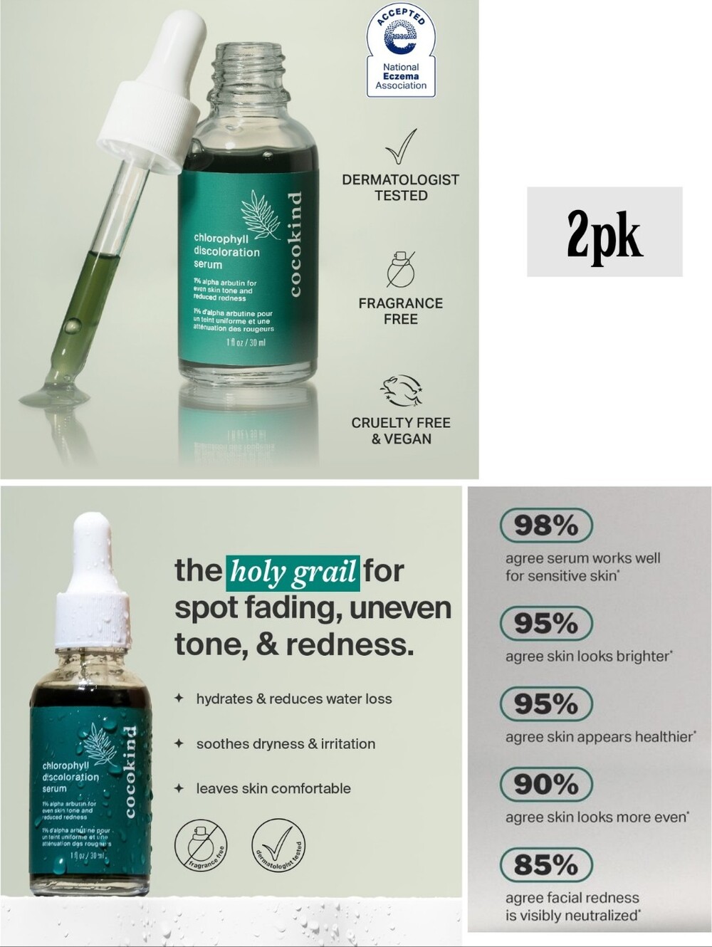2pk Cocokind Chlorophyll Discoloration Serum Evens Skin Tone Spot Fading 1 Fl Oz